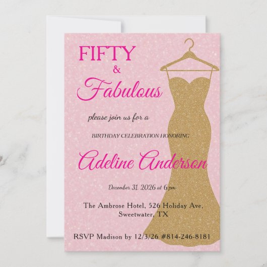 50歳で素敵なスクリプトピンクゴールド 50歳の誕生日 招待状 (正面)