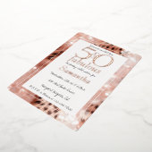 50歳で素敵なバラ色ゴールドのヒョウ柄誕生日 箔招待状 (回転した状態)