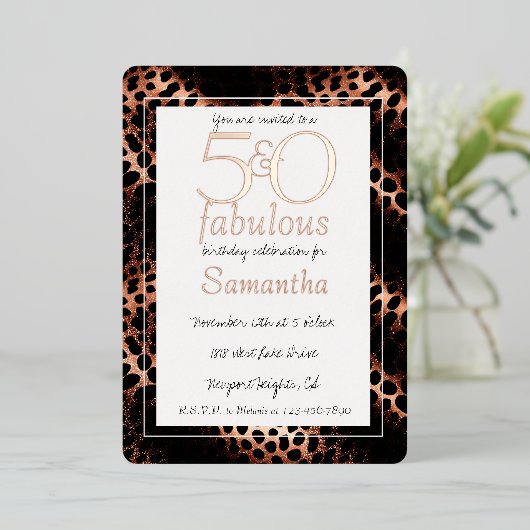 50歳で素敵なバースデー ローズゴールド レオパード 箔招待状 (立ち正面)