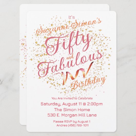 50歳で素敵なピンクとゴールドの輝き 招待状 (正面/裏面)