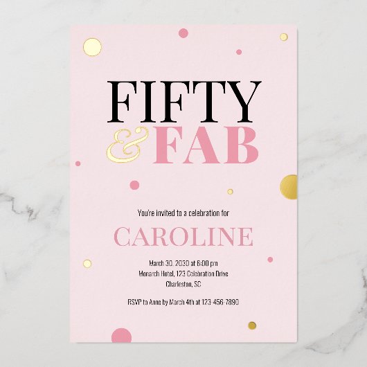 50歳で素敵なピンクの誕生日パーティー招待状 箔招待状 (正面)