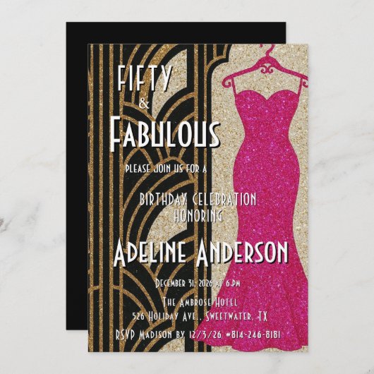 50歳で素敵なブラックゴールドピンクアートデコ50周年 招待状 (正面/裏面)