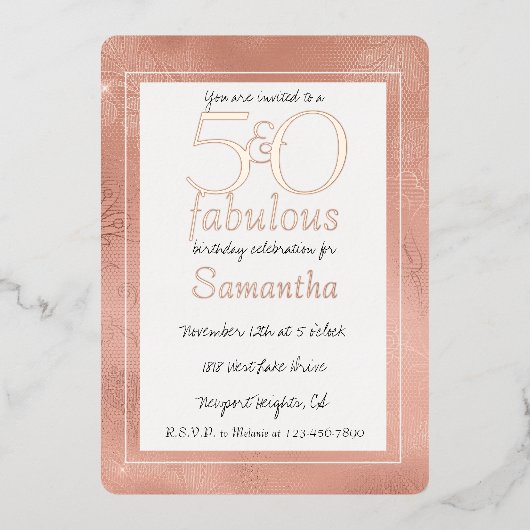 50歳で素敵なローズゴールドレース花柄の誕生日 箔招待状 (正面)
