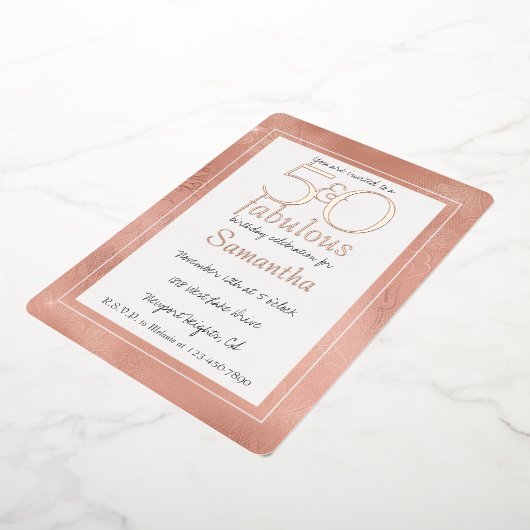 50歳で素敵なローズゴールドレース花柄の誕生日 箔招待状 (回転した状態)