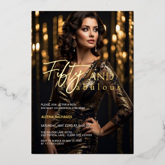 50歳で素敵な写真を飾る ブラックゴールド 箔招待状 (正面)