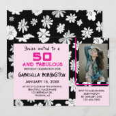 50歳で素敵な写真 黒白ピンクの花柄 招待状 (正面/裏面)