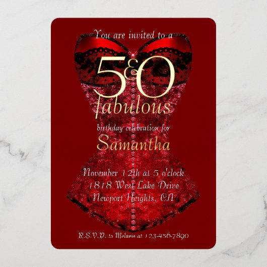 50歳で素敵な赤いコルセットの誕生日 箔招待状 (正面)