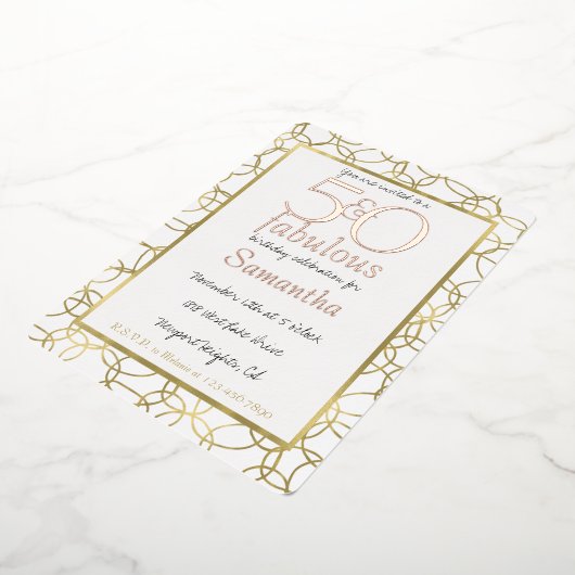 50歳で素敵に輝く ゴールドとホワイトのサークルパーティー 箔招待状 (回転した状態)