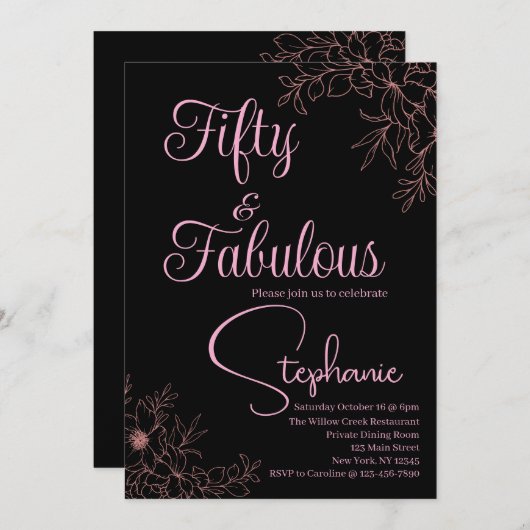 50歳で素敵に | 50歳の誕生日パーティー ブラックピンク 招待状 (正面/裏面)