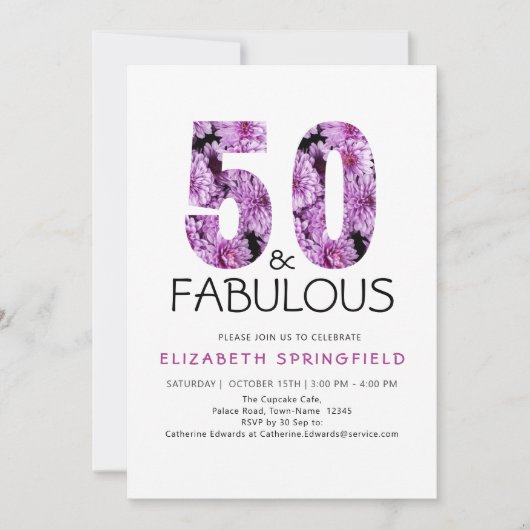 50歳とファビュラス パープル フラワーの50歳の誕生日 招待状 (正面)