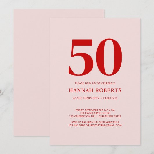 50歳と素敵なピンクとレッドの50歳誕生日パーティー 招待状 (正面/裏面)