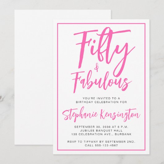 50歳と素敵なピンクのスクリプト 50歳の誕生日パーティー 招待状 (正面/裏面)