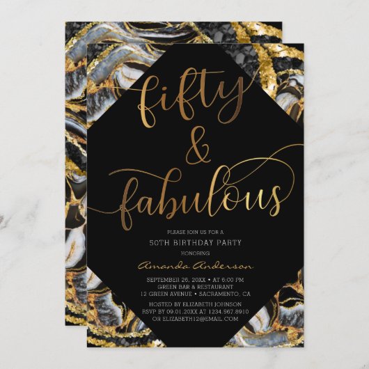 50歳と素晴らしいブラックと金ゴールド50歳の誕生日パーティー 招待状 (正面/裏面)