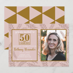 50歳と素晴らしい誕生日のピンクの金ゴールド植物 招待状