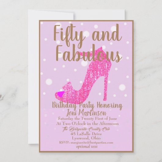 50歳と素晴らしい誕生日パーティホットピンクグリッター 招待状 (正面)