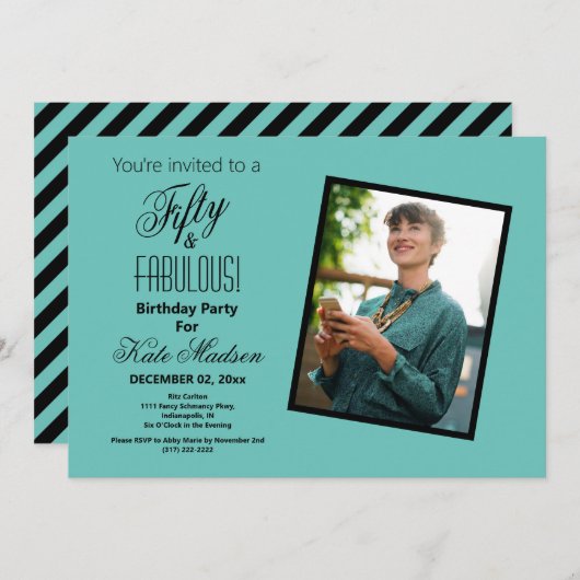 50歳と素晴らしい誕生日パーティーティール(緑がかった色)ブラックフォト 招待状 (正面/裏面)