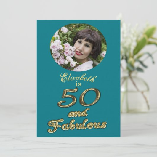 50歳と素晴らしい誕生日金ゴールドティール(緑がかった色)ブルー50歳 招待状 (スタンド正面)