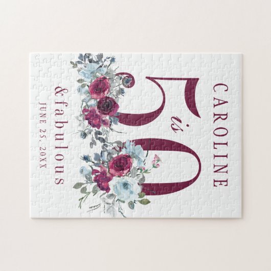 50歳と素晴らしい赤いバーゴーニュフローラの誕生日プレゼント ジグソーパズル (横)