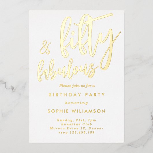 50歳と素晴らしい金ゴールドの誕生日 箔招待状 (正面)