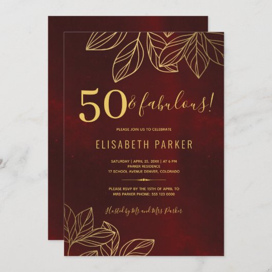 50歳と素晴らしい金ゴールドエレガント50歳の誕生日パーティー 招待状 (正面/裏面)