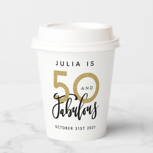 50歳と素晴らしい黒と金ゴールド 紙コップ (正面)