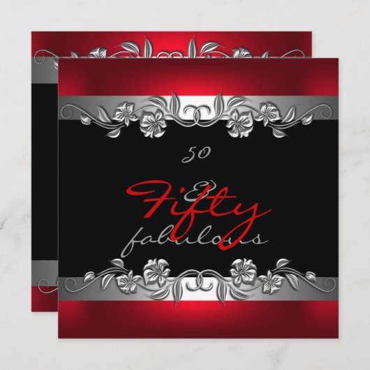 50歳と素晴らしい50歳の誕生日パーティシルバーレッド 招待状 (正面/裏面)