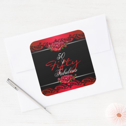 50歳と素晴らしい50歳の誕生日パーティー赤いバラ スクエアシール (封筒)