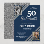 50歳と輝かしいシルバーグリッター2枚の写真の誕生日 招待状 (正面/裏面)