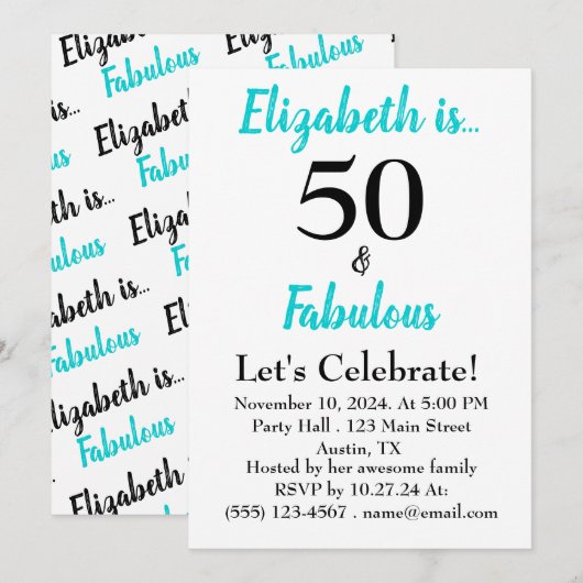 50歳と輝かしいターコイズブラックスクリプト招待状 招待状 (正面/裏面)