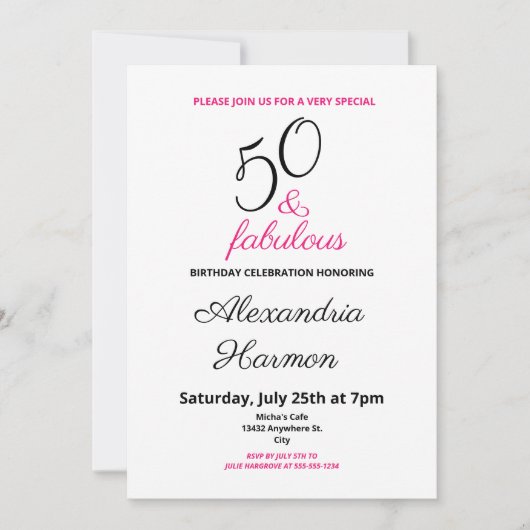 50歳と50歳の誕生日パーティーピンク 招待状 (正面)