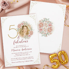 50歳にして最高に素敵な ピンクの花とゴールドの写真の誕生日 招待状