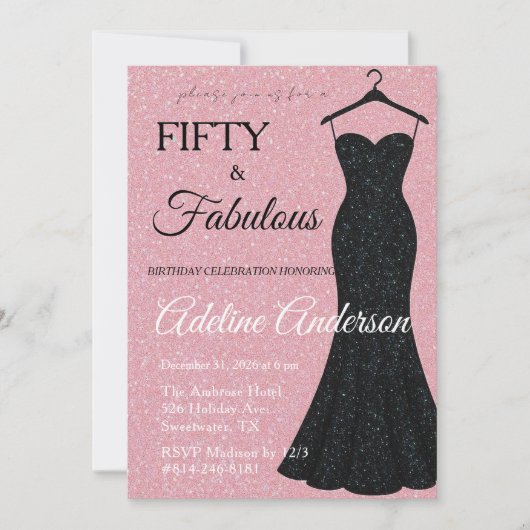 50歳にして最高に素敵な ブラックとピンクのグリッター 50歳の誕生日 招待状 (正面)