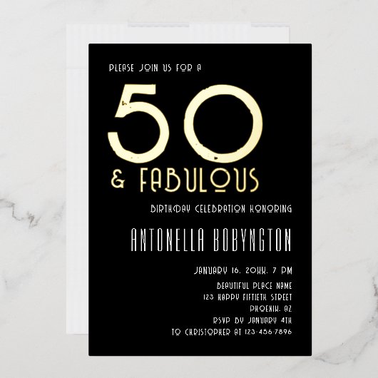 50歳にして最高に素敵な ブラック ホワイト ゴールド レトロ タイポグラフィー 箔招待状 (封筒)