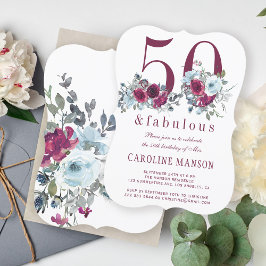 50歳にして最高のワインレッドの花をあしらった50歳の誕生日 招待状