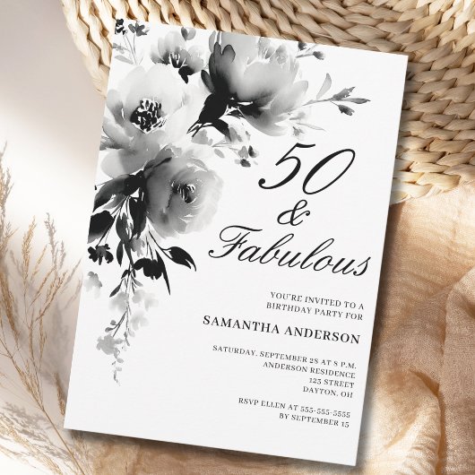 50歳にして素敵に 花をあしらったブラック＆ホワイトの50歳誕生日 招待状