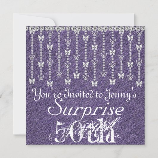 50歳のサプライズ誕生日蝶パープル招待状 招待状 (正面)