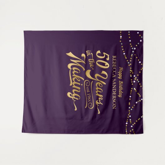 50歳のハッピーバースデー パープルとゴールドの写真用背景 タペストリー (正面(横))