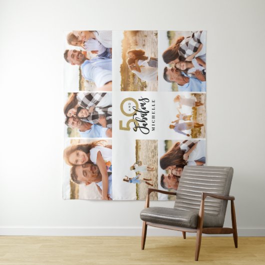 50歳のバースデーモダンタブラックと金ゴールドの写真コラージュ タペストリー (インサイチュ)
