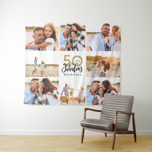 50歳のバースデーモダンタブラックと金ゴールドの写真コラージュ タペストリー (インサイチュ(横))