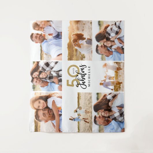 50歳のバースデーモダンタブラックと金ゴールドの写真コラージュ タペストリー (正面)