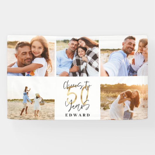 50歳のバースデーモダンタブラックと金ゴールドの写真コラージュ 横断幕 (横)