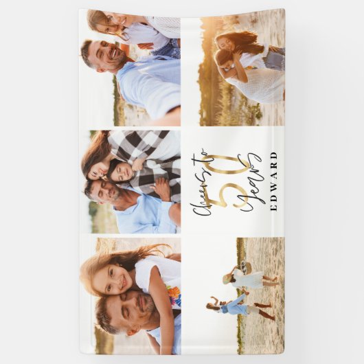 50歳のバースデーモダンタブラックと金ゴールドの写真コラージュ 横断幕 (縦)