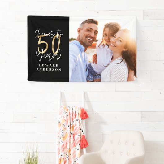 50歳のバースデーモダンタブラックと金ゴールドの写真コラージュ 横断幕 (インサイチュ)