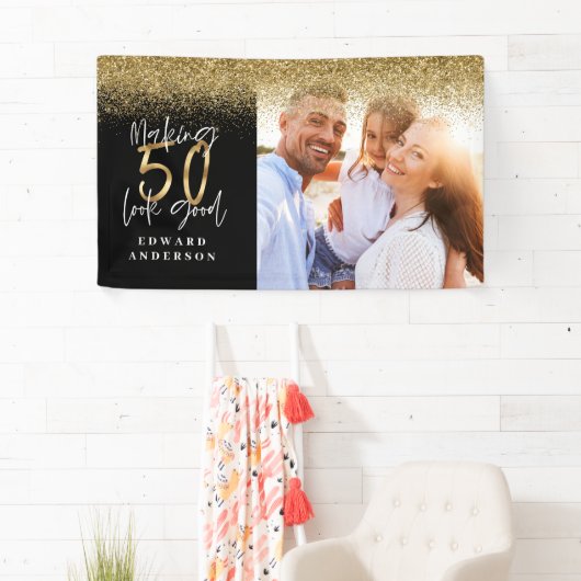 50歳のバースデーモダンタブラックと金ゴールドグリッター写真 横断幕 (インサイチュ)