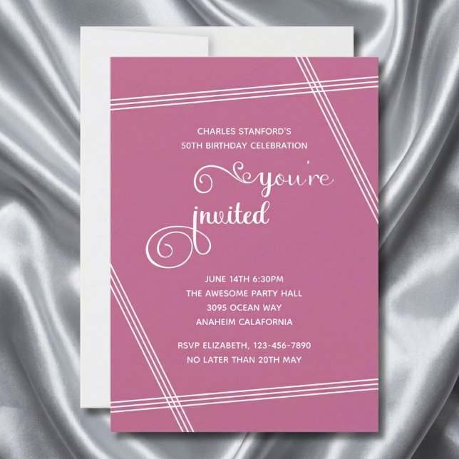50歳のモダンでエレガントな誕生日パーティーの招待状 (Pink 50th birthday invitation on grey silk background.)
