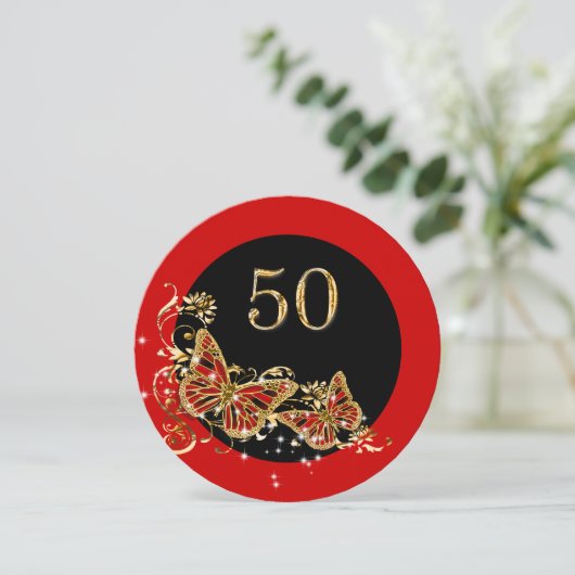 50歳の女性の誕生日 | 蝶の赤い金ゴールド 招待状 (スタンド正面)
