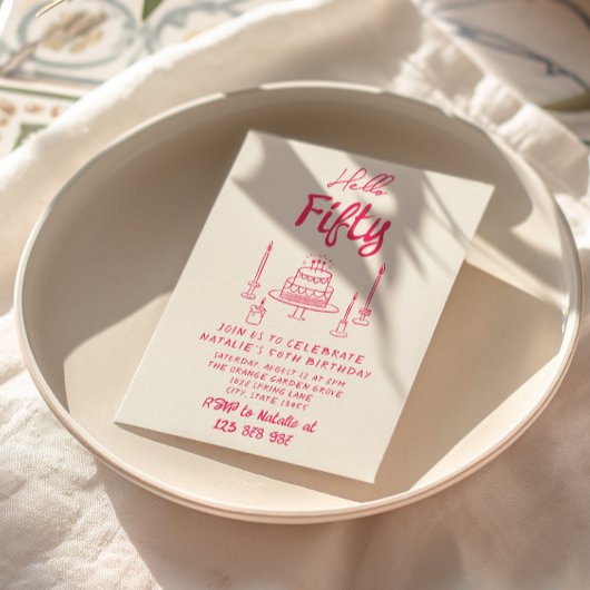 50歳の手描きピンクケーキ ハロー50歳の誕生日 招待状