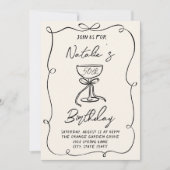 50歳の手描きブラック＆ホワイトのボウマティーニ バースデー 招待状 (正面)