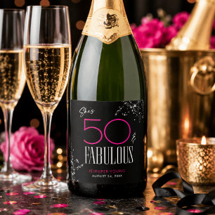 50歳の華麗なるお誕生日 ブラック ピンク ゴージャス スパークル スパークリングワインラベル