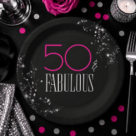 50歳の華麗なるお誕生日 ブラック ピンク ゴージャス スパークル ペーパープレート